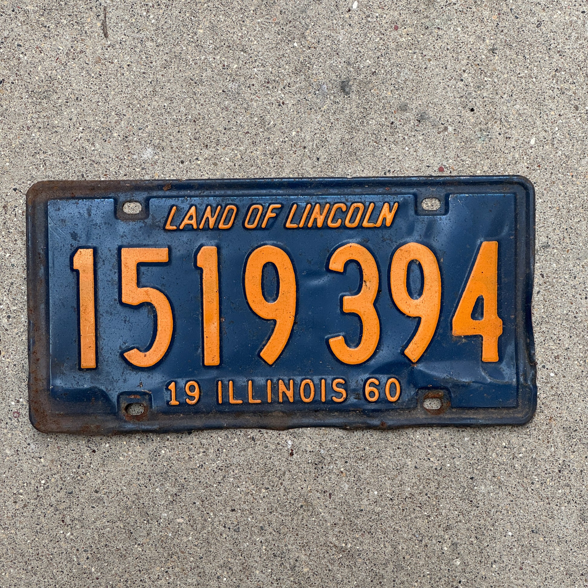 Photo of a 1960 Illinois License Plate Auto Tag Garage Decor Vintage Orange Blue 1 519 394 with original patina