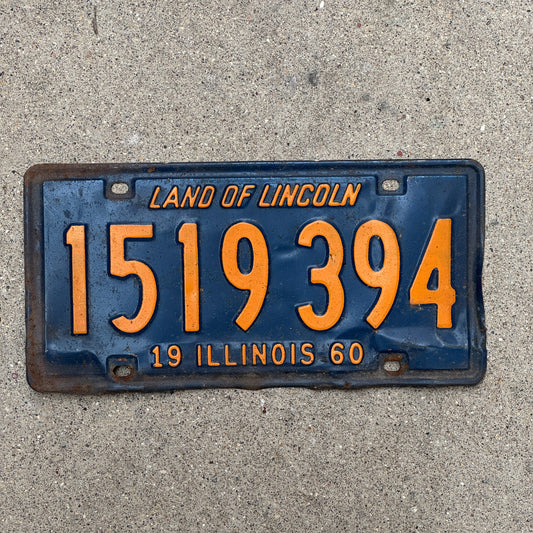 Photo of a 1960 Illinois License Plate Auto Tag Garage Decor Vintage Orange Blue 1 519 394 with original patina