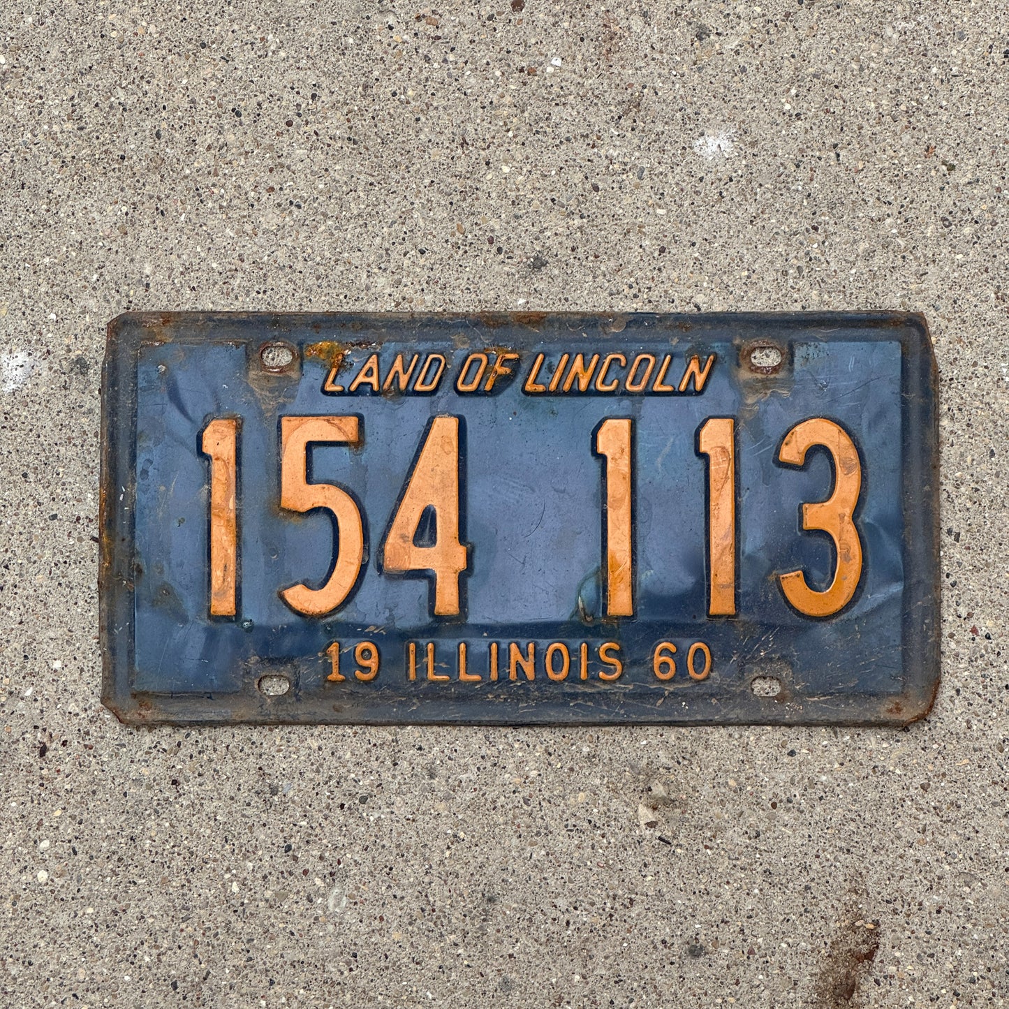 Photo of a 1960 Illinois License Plate Auto Tag Garage Decor Vintage Orange Blue 154 113 with original patina