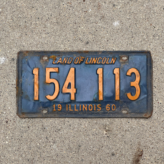 Photo of a 1960 Illinois License Plate Auto Tag Garage Decor Vintage Orange Blue 154 113 with original patina