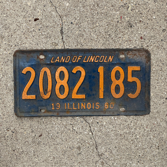 Photo of a 1960 Illinois License Plate Auto Tag Garage Decor Vintage Orange Blue 2 082 185 with original patina