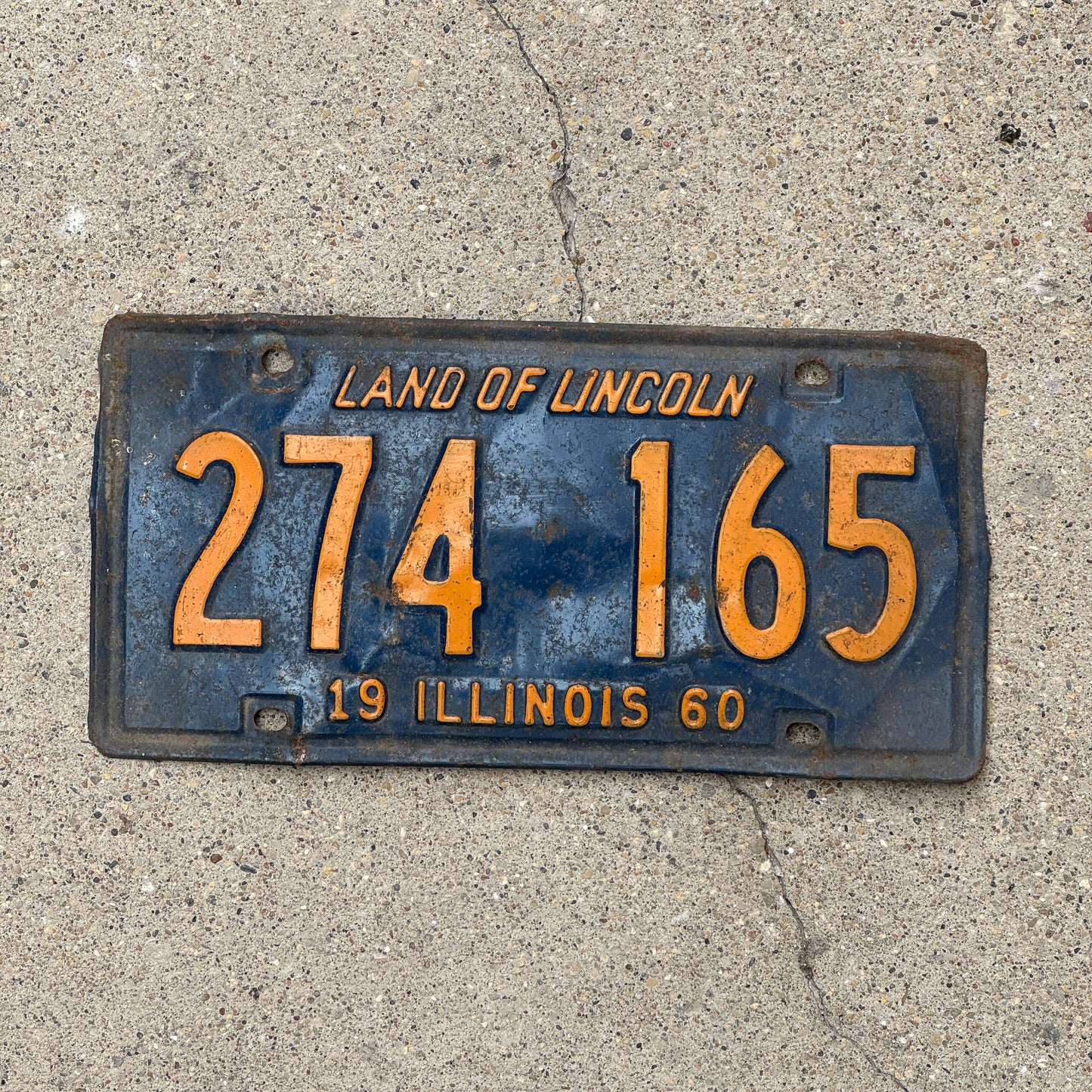 Photo of a 1960 Illinois License Plate Auto Tag Garage Decor Vintage Orange Blue 274 165 with original patina