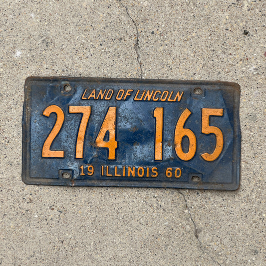Photo of a 1960 Illinois License Plate Auto Tag Garage Decor Vintage Orange Blue 274 165 with original patina