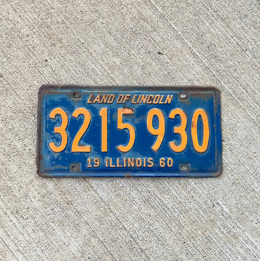 Photo of a 1960 Illinois License Plate Auto Tag Garage Decor Vintage Orange Blue 3215 930 with original patina