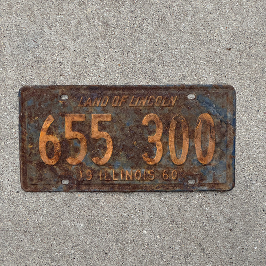 Photo of a 1960 Illinois License Plate Auto Tag Garage Decor Vintage Orange Blue 655 300 with original patina