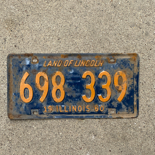 Photo of a 1960 Illinois License Plate Auto Tag Garage Decor Vintage Orange Blue 698 339 with original patina