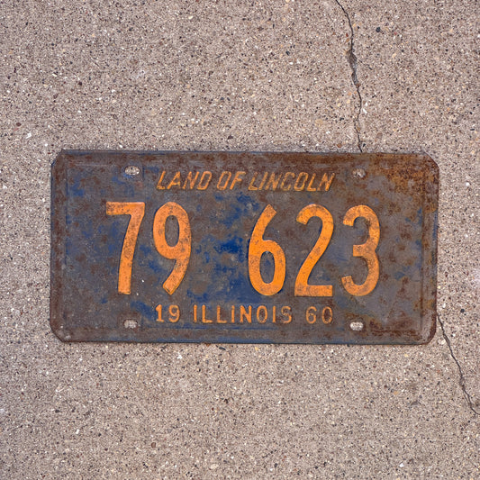 Photo of a 1960 Illinois License Plate Auto Tag Garage Decor Vintage Orange Blue 79 623 with original patina