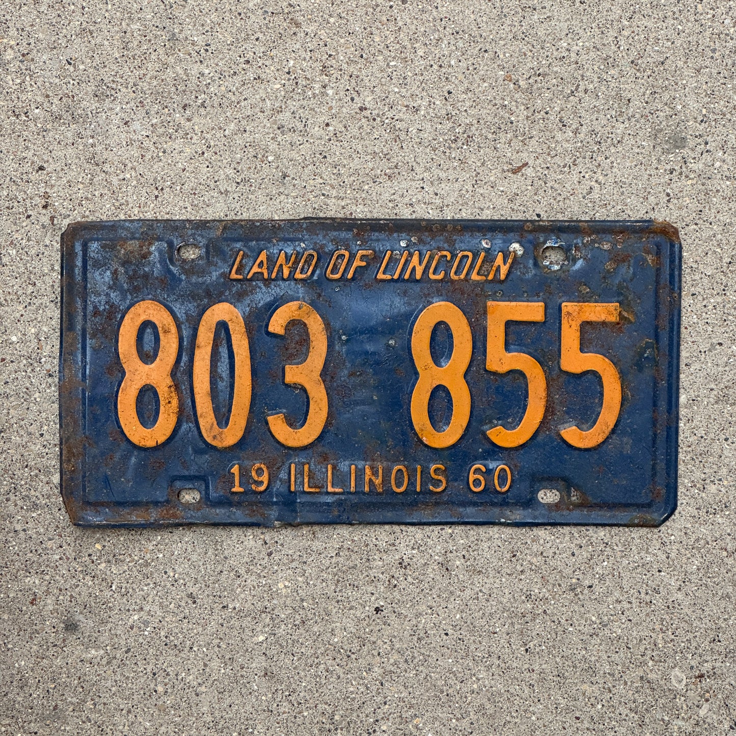 Photo of a 1960 Illinois License Plate Auto Tag Garage Decor Vintage Orange Blue 803 855 with original patina