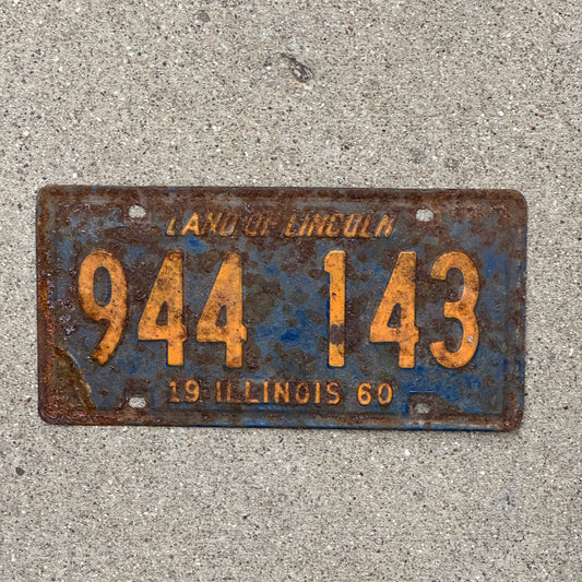 Photo of a 1960 Illinois License Plate Auto Tag Garage Decor Vintage Orange Blue 944 143 with original patina