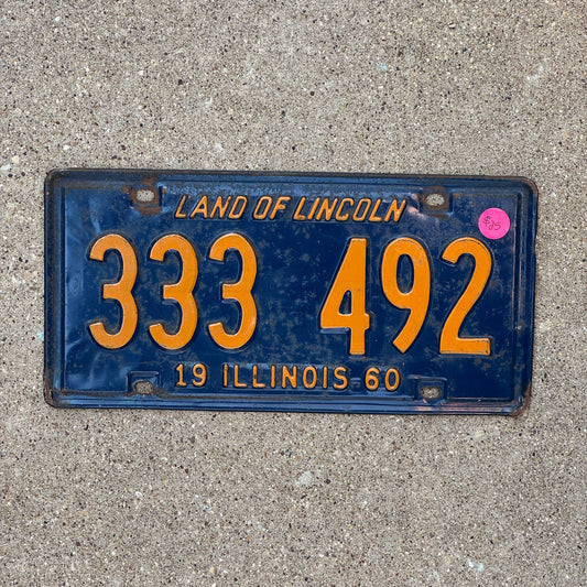 Photo of a 1960 Illinois License Plate Auto Tag Garage Decor Vintage Repeat Repeating 333 492 with original patina