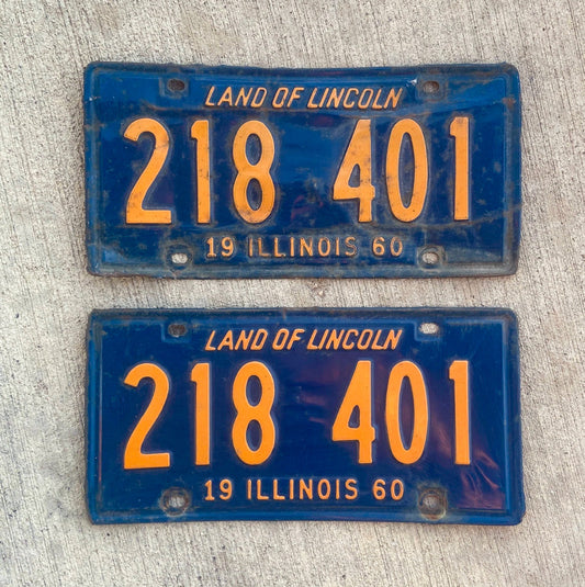 Photo of a 1960 Illinois License Plate Pair Auto Tag Garage Decor Vintage 218401 with original patina