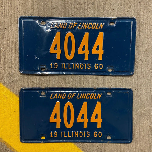 Photo of a 1960 Illinois License Plate Pair Auto Tag Garage Decor Vintage Low Number Four Digit 4044 with original patina