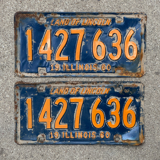 Photo of a 1960 Illinois License Plate Pair Auto Tag Garage Decor Vintage Orange Blue 1 427 636 with original patina