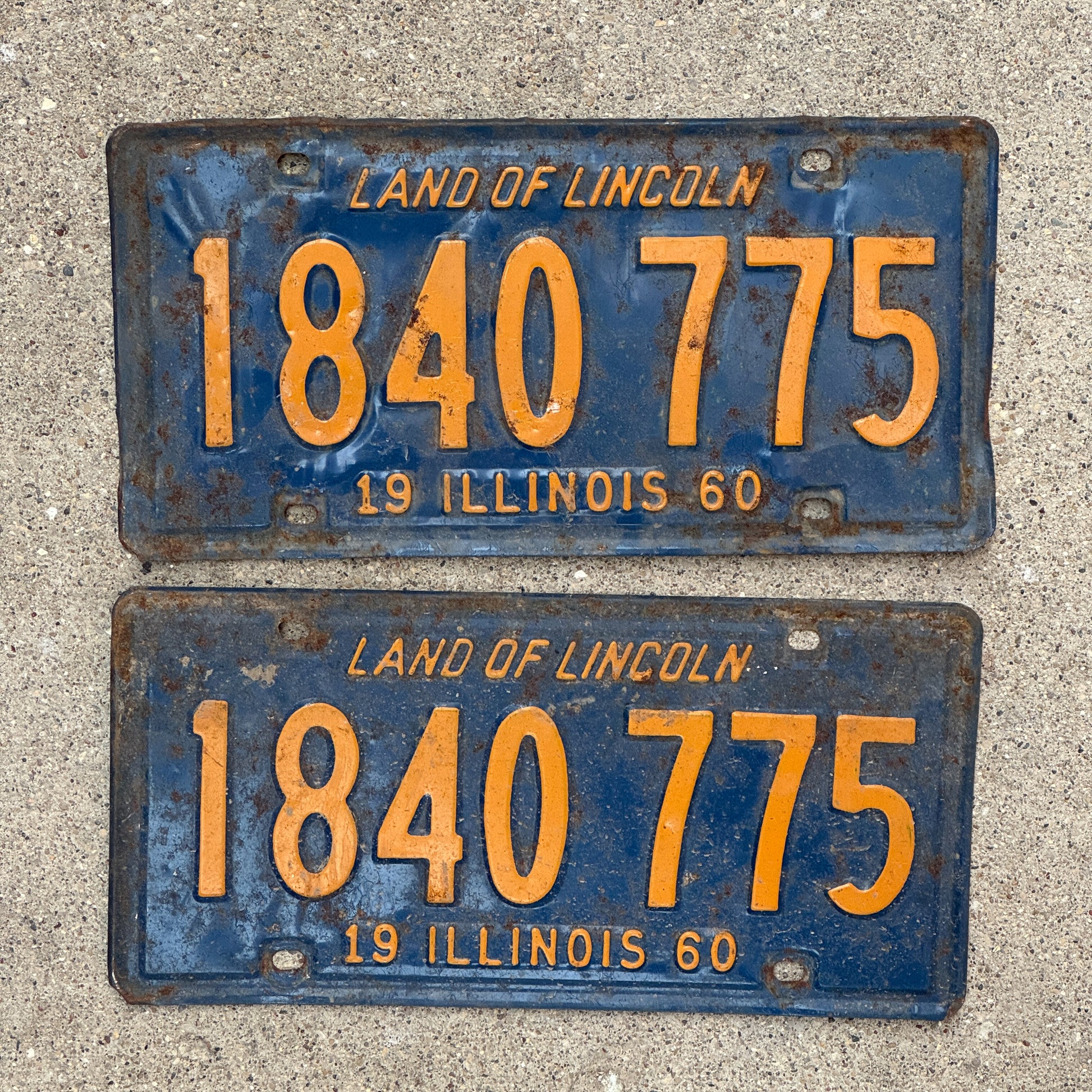 Photo of a 1960 Illinois License Plate Pair Auto Tag Garage Decor Vintage Orange Blue 1 840 775 with original patina