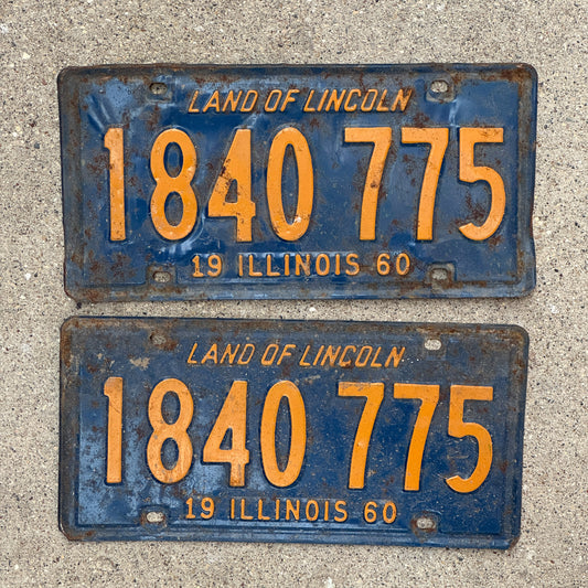 Photo of a 1960 Illinois License Plate Pair Auto Tag Garage Decor Vintage Orange Blue 1 840 775 with original patina