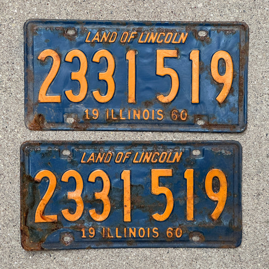 Photo of a 1960 Illinois License Plate Pair Auto Tag Garage Decor Vintage Orange Blue 2 331 519 with original patina
