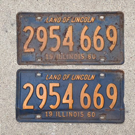 Photo of a 1960 Illinois License Plate Pair Auto Tag Garage Decor Vintage Orange Blue 2 954 669 with original patina