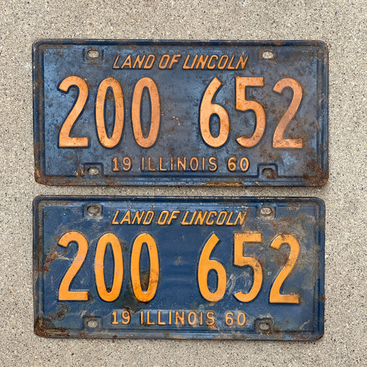 Photo of a 1960 Illinois License Plate Pair Auto Tag Garage Decor Vintage Orange Blue 200 652 with original patina