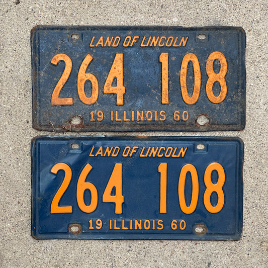 Photo of a 1960 Illinois License Plate Pair Auto Tag Garage Decor Vintage Orange Blue 264 108 with original patina