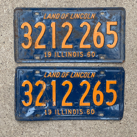 Photo of a 1960 Illinois License Plate Pair Auto Tag Garage Decor Vintage Orange Blue 3 212 265 with original patina