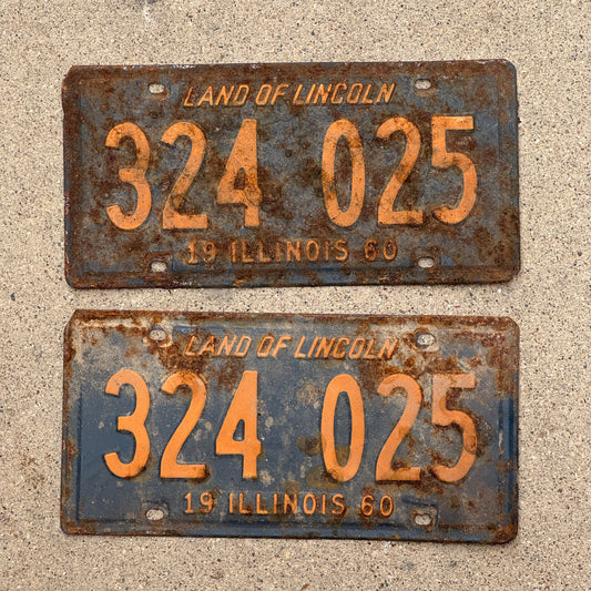 Photo of a 1960 Illinois License Plate Pair Auto Tag Garage Decor Vintage Orange Blue 324 025 with original patina