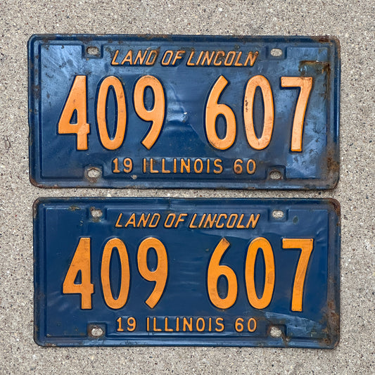 Photo of a 1960 Illinois License Plate Pair Auto Tag Garage Decor Vintage Orange Blue 409 607 with original patina