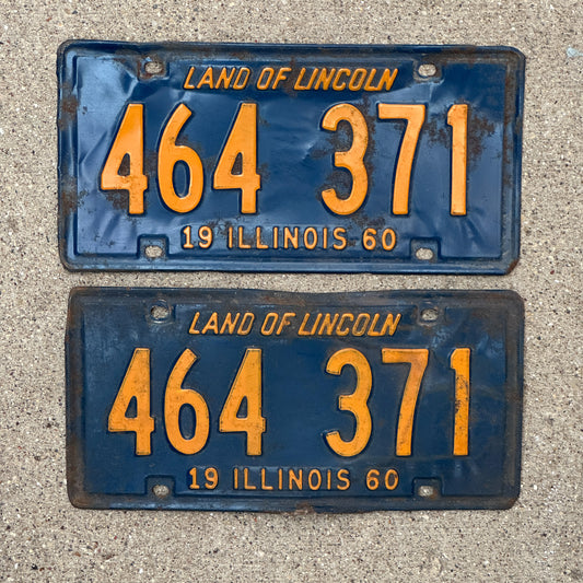 Photo of a 1960 Illinois License Plate Pair Auto Tag Garage Decor Vintage Orange Blue 464 371 with original patina