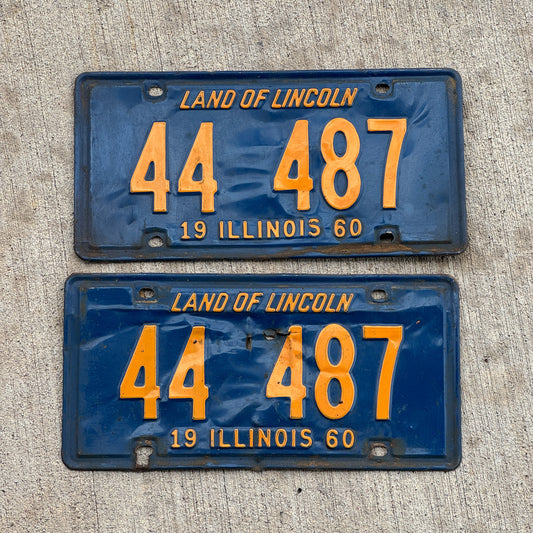 Photo of a 1960 Illinois License Plate Pair Auto Tag Garage Decor Vintage Repeat Repeating Orange Blue 44 487 with original patina