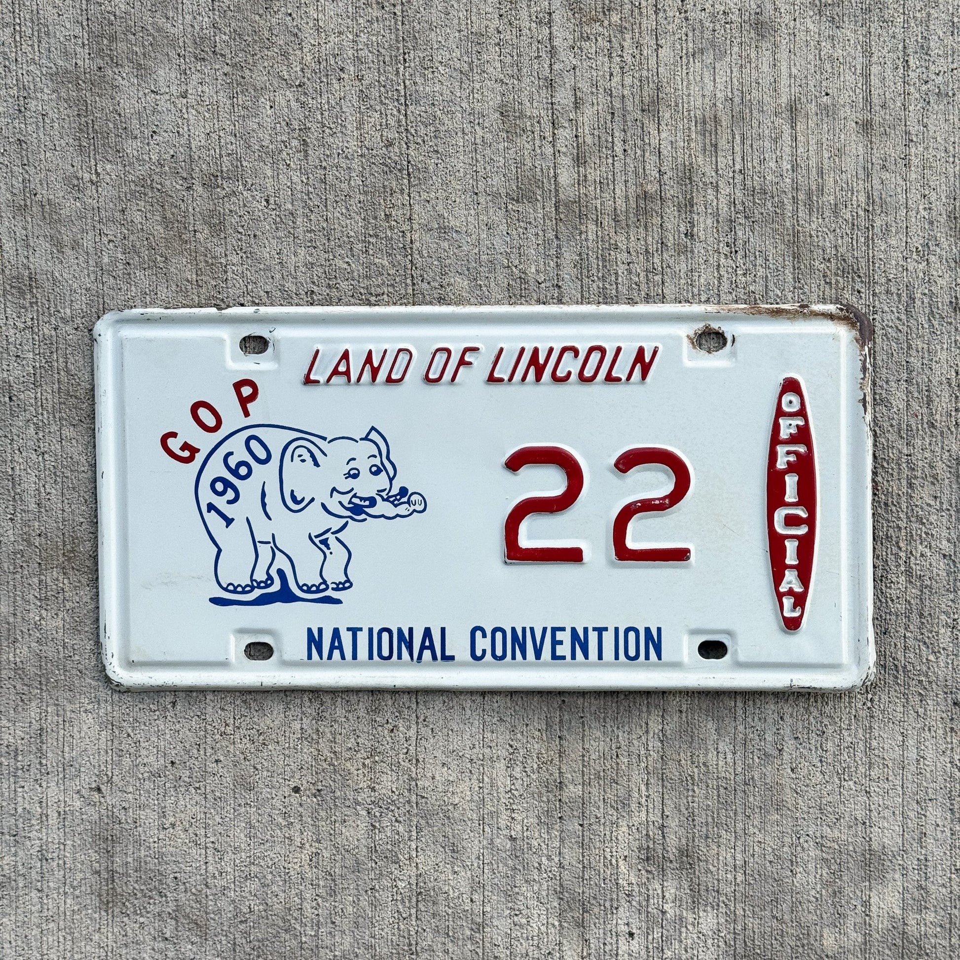 Photo of a 1960 Illinois RNC National Convention Official License Plate Auto Tag Garage Decor Vintage Chicago Republican Politics Political GOP 22 with original patina