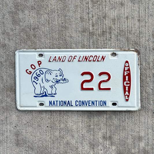 Photo of a 1960 Illinois RNC National Convention Official License Plate Auto Tag Garage Decor Vintage Chicago Republican Politics Political GOP 22 with original patina
