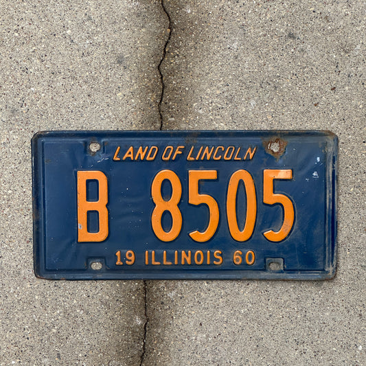 Photo of a 1960 Illinois Truck License Plate Auto Tag Garage Decor Vintage Orange Blue B 8505 with original patina