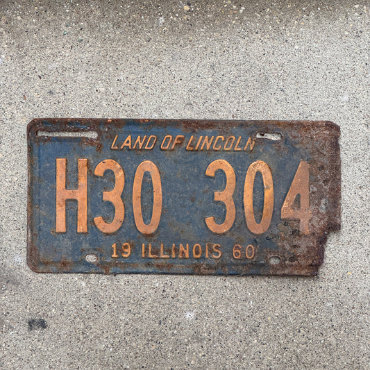 Photo of a 1960 Illinois Truck License Plate Auto Tag Garage Decor Vintage Orange Blue H 30 304 with original patina