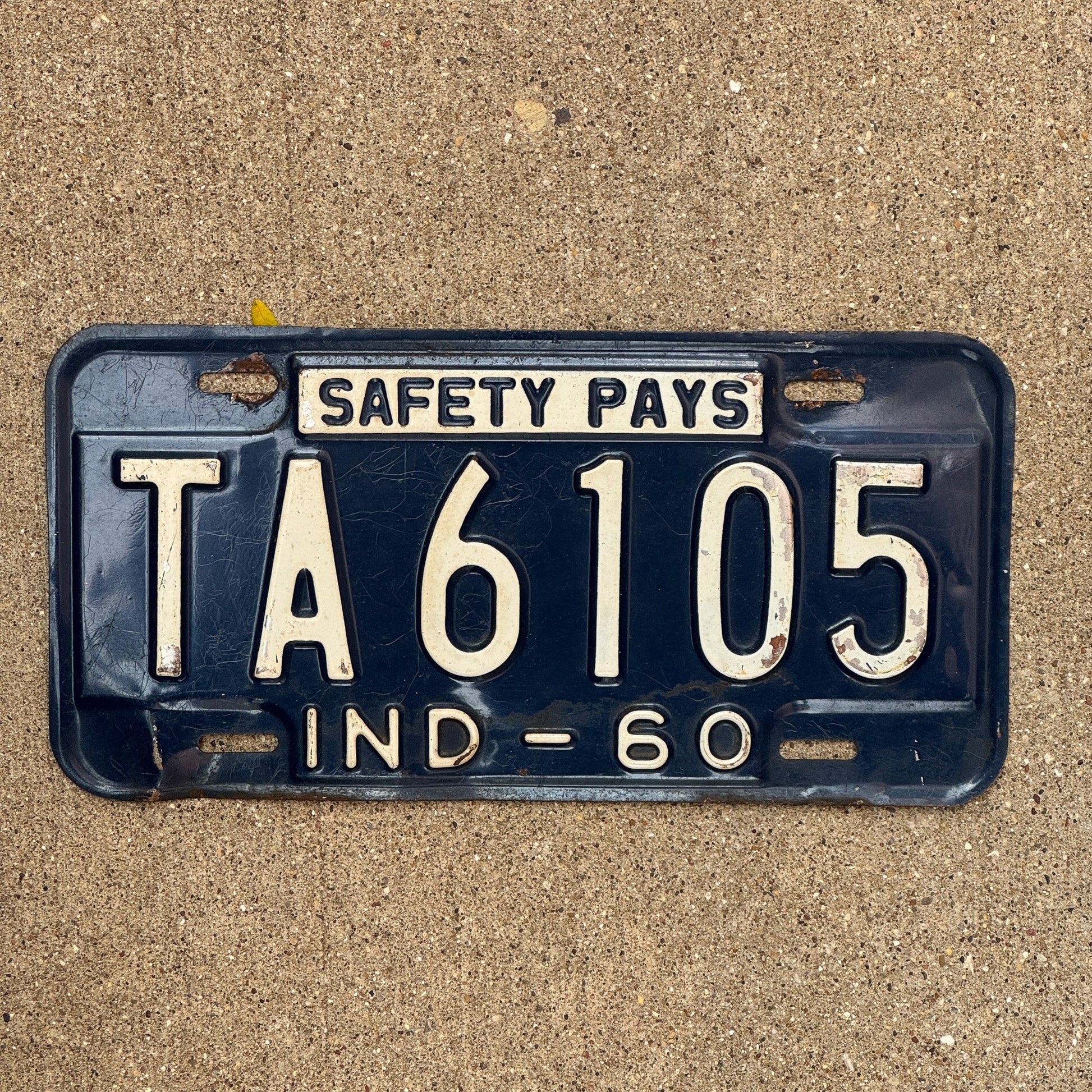 Photo of a 1960 Indiana License Plate Auto Tag Garage Decor Vintage TA 6105 with original patina