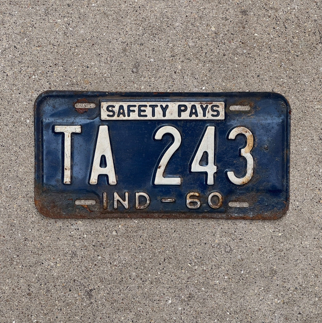 Photo of a 1960 Indiana License Plate Auto Tag Garage Safety Pays Safety Pays TA 243