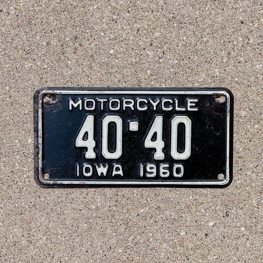 Photo of a 1960 Iowa Motorcycle License Plate Auto Tag Repeat Repeating Hamilton County 40 40 with original patina