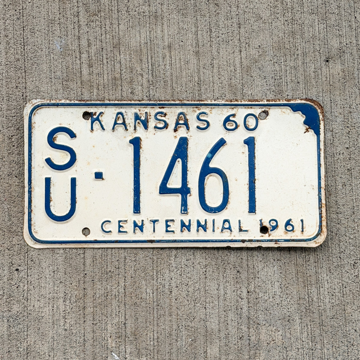 Photo of a 1960 Kansas License Plate Auto Tag Garage Decor Vintage SU 1461 with original patina