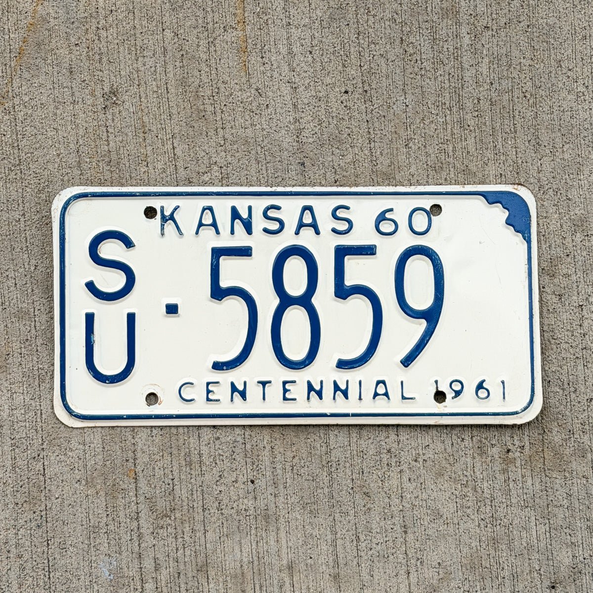 Photo of a 1960 Kansas License Plate Auto Tag Garage Decor Vintage SU 5859 with original patina