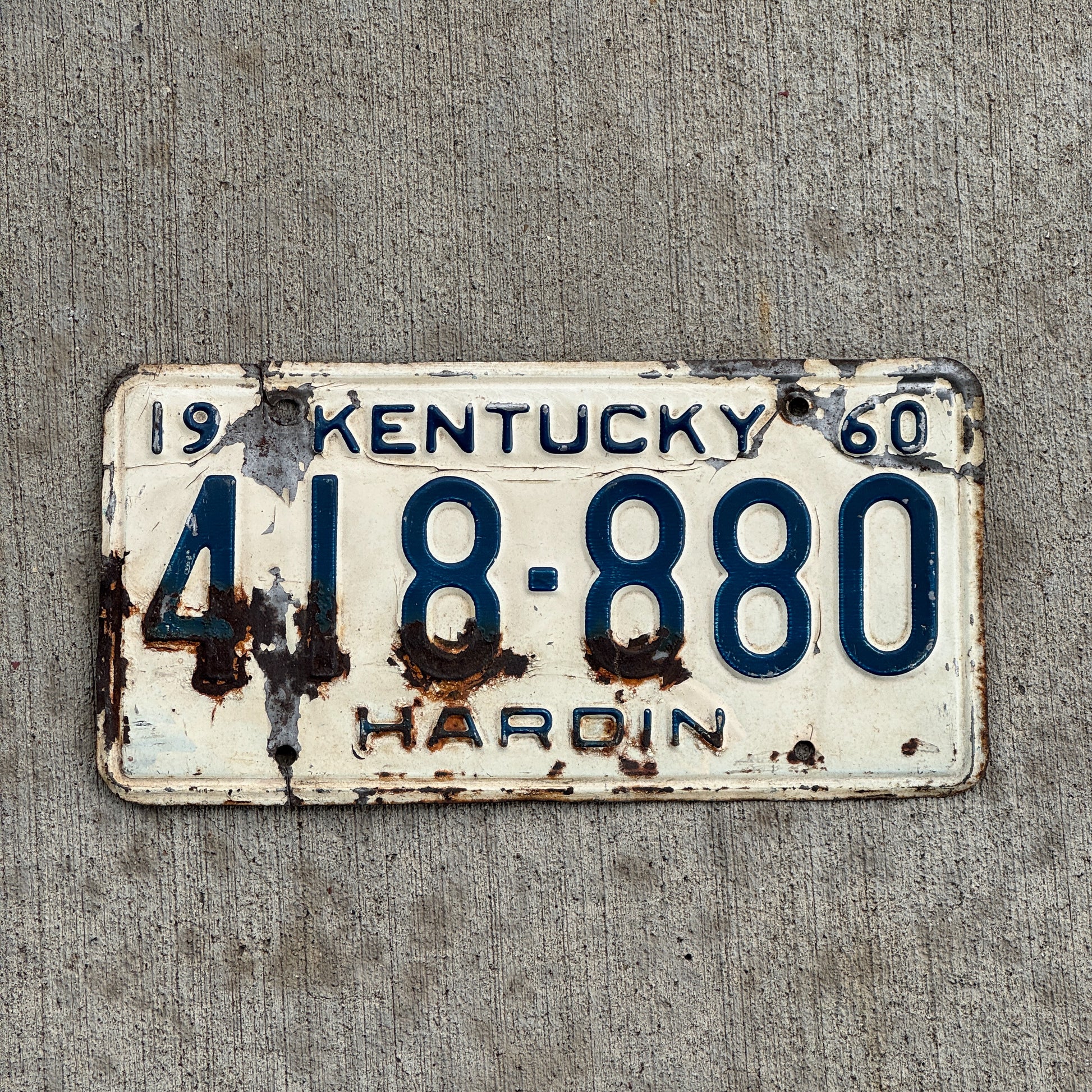 Photo of a 1960 Kentucky License Plate Auto Tag Garage Decor Vintage Repeat Repeating 418 880 with original patina