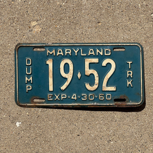 Photo of a 1960 Maryland DUMP TRUCK License Plate Auto Tag Garage Decor Vintage 1952