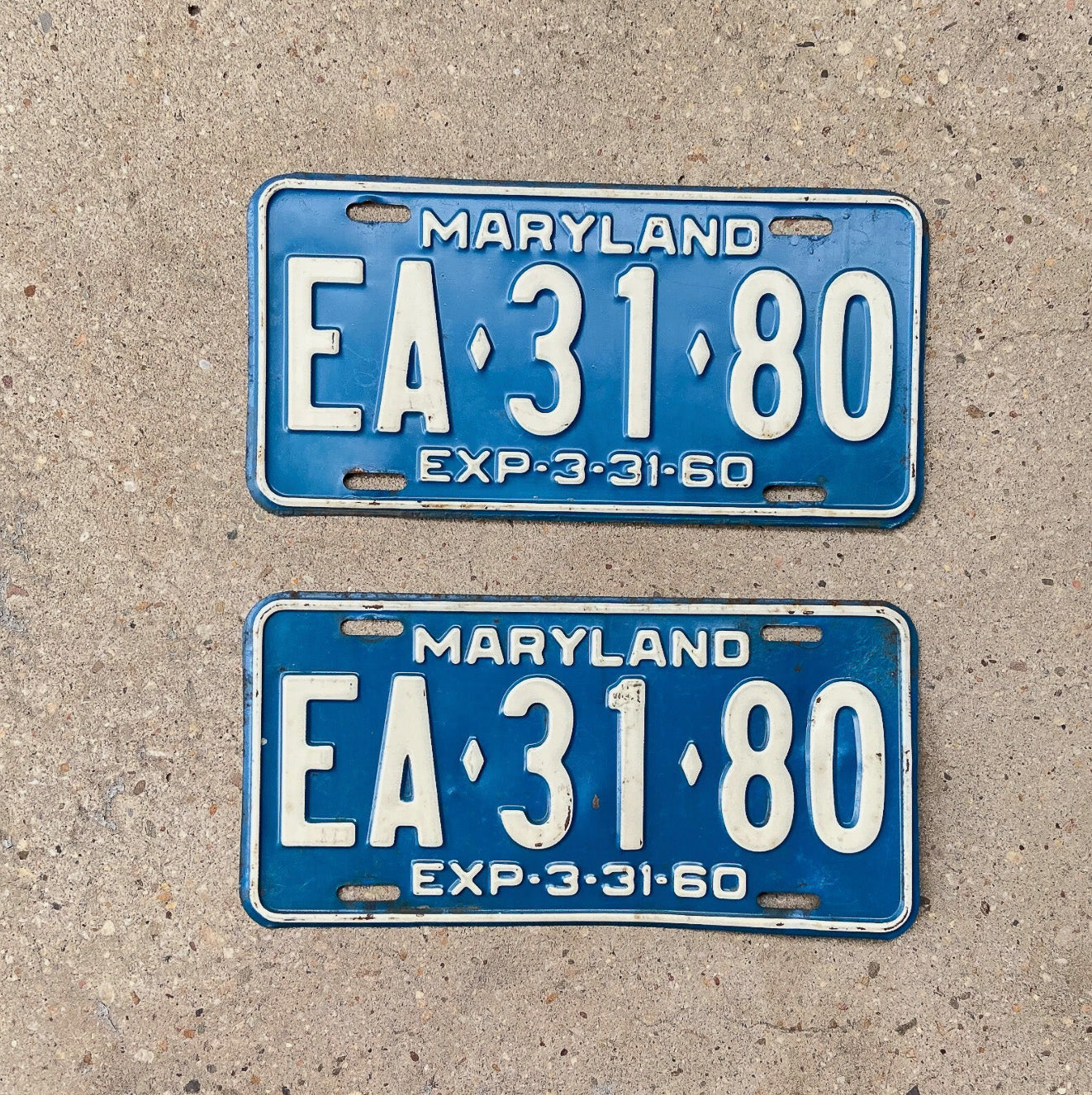 Photo of a 1960 Maryland License Plate Pair Auto Tag Garage Decor Vintage EA 31 80 with original patina