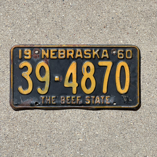 Photo of a 1960 Nebraska License Plate Auto Tag Garage Decor Vintage 39 4870 with original patina
