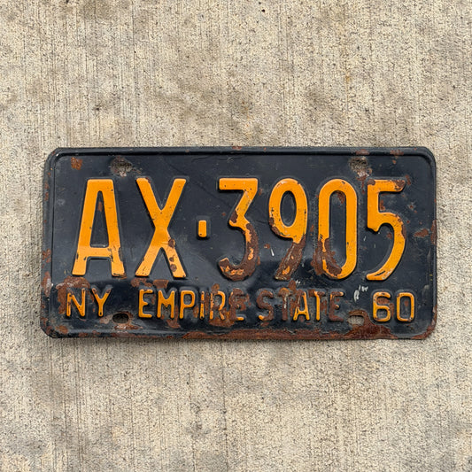 Photo of a 1960 New York License Plate Auto Tag Garage Decor Vintage AX 3905 with original patina
