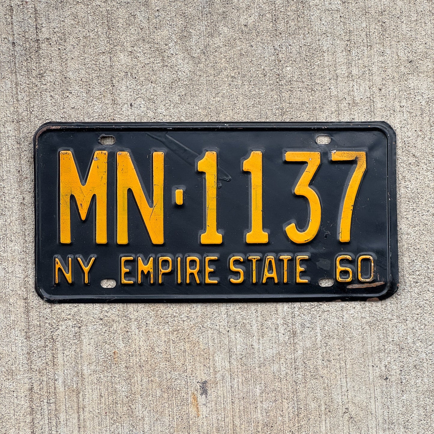 Photo of a 1960 New York License Plate Auto Tag Garage Decor Vintage MN 1137