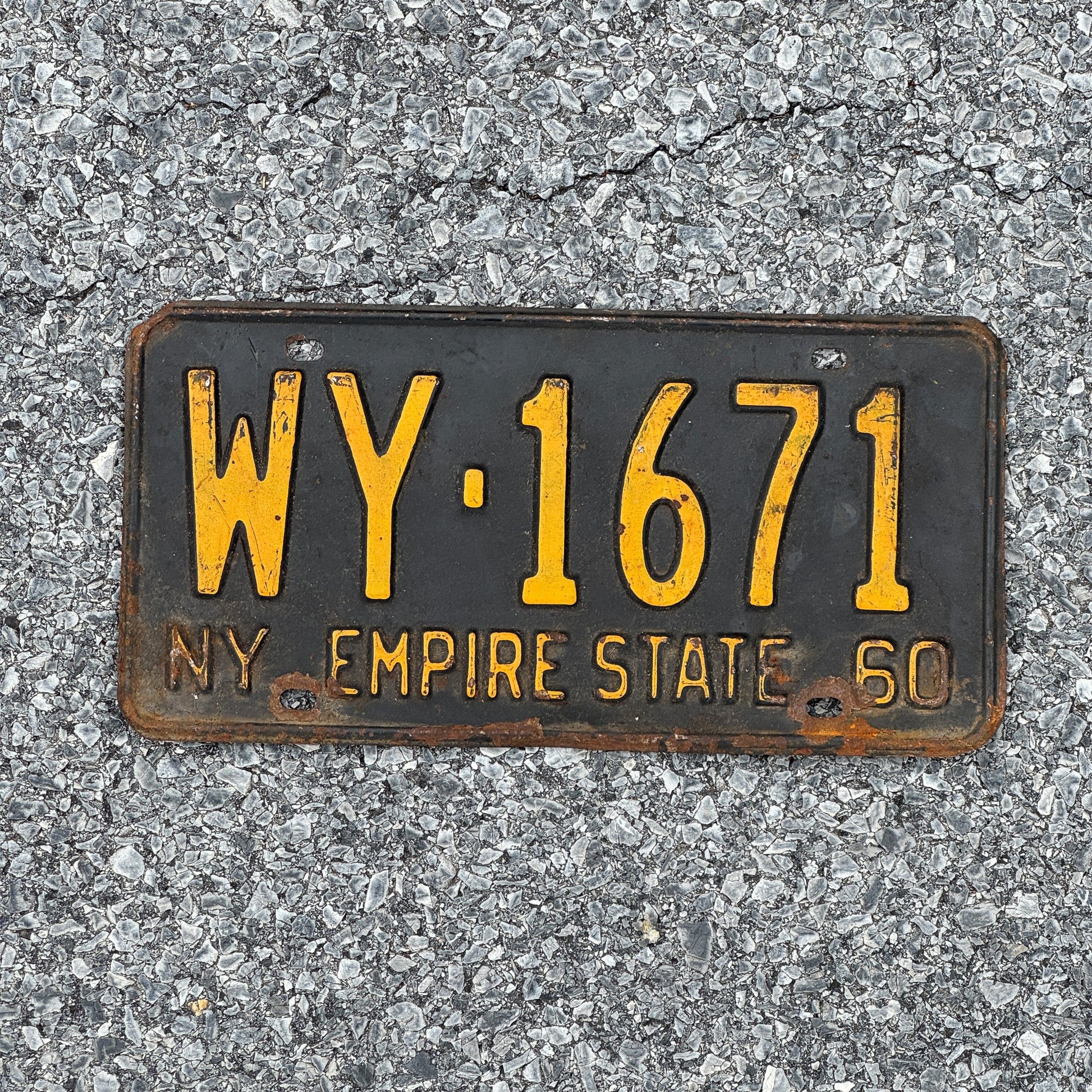 Photo of a 1960 New York License Plate Auto Tag Garage Decor Vintage Wyoming County WY 1671
