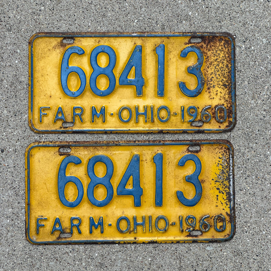 Photo of a 1960 Ohio Farm License Plate Pair Auto Tag Garage Decor Vintage 68413 with original patina