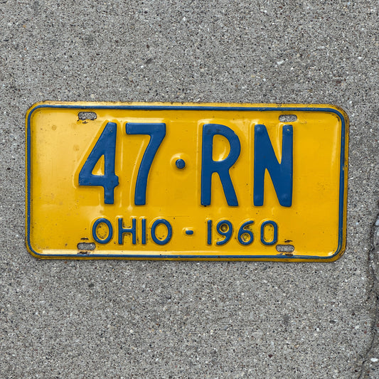 Photo of a 1960 Ohio License Plate Auto Tag Garage Decor Vintage Nurse Gift 47 RN with original patina