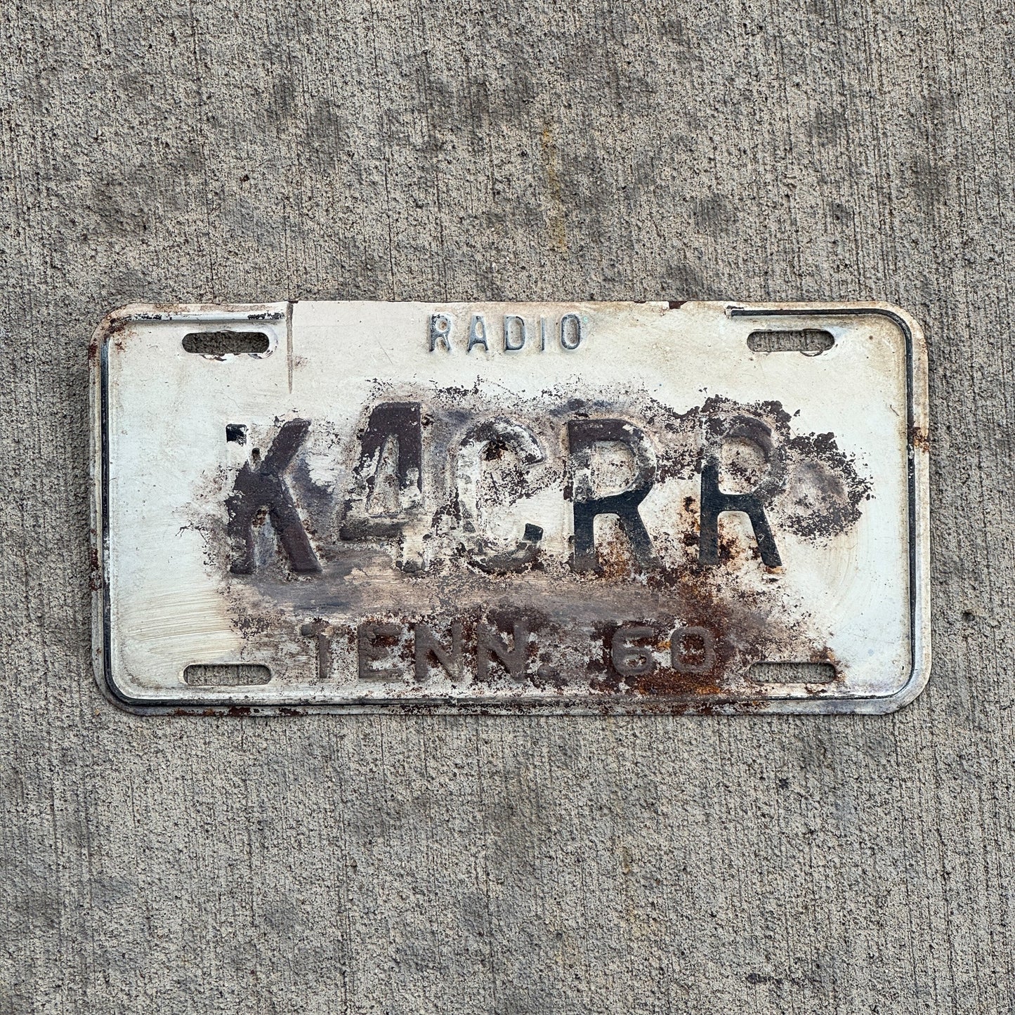Photo of a 1960 Tennessee HAM Radio License Plate Auto Tag 1 Garage Decor K4CRR with original patina