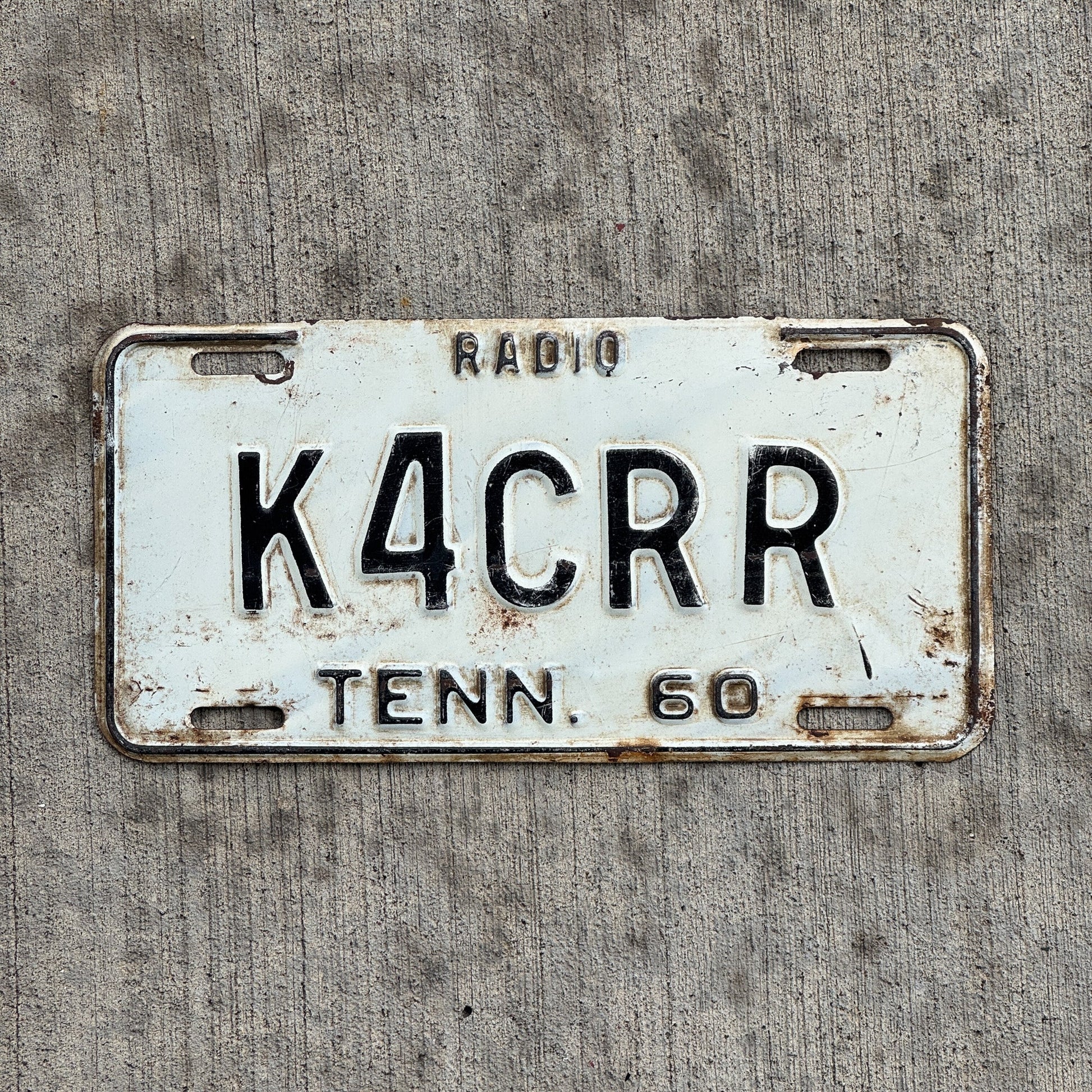 Photo of a 1960 Tennessee HAM Radio License Plate Auto Tag 2 Garage Decor K4CRR with original patina