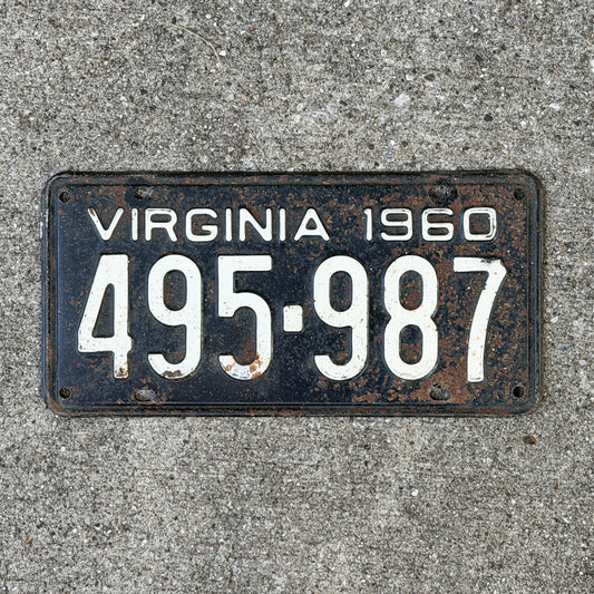 Photo of a 1960 Virginia License Plate Auto Tag Garage Decor Vintage 495 987 with original patina