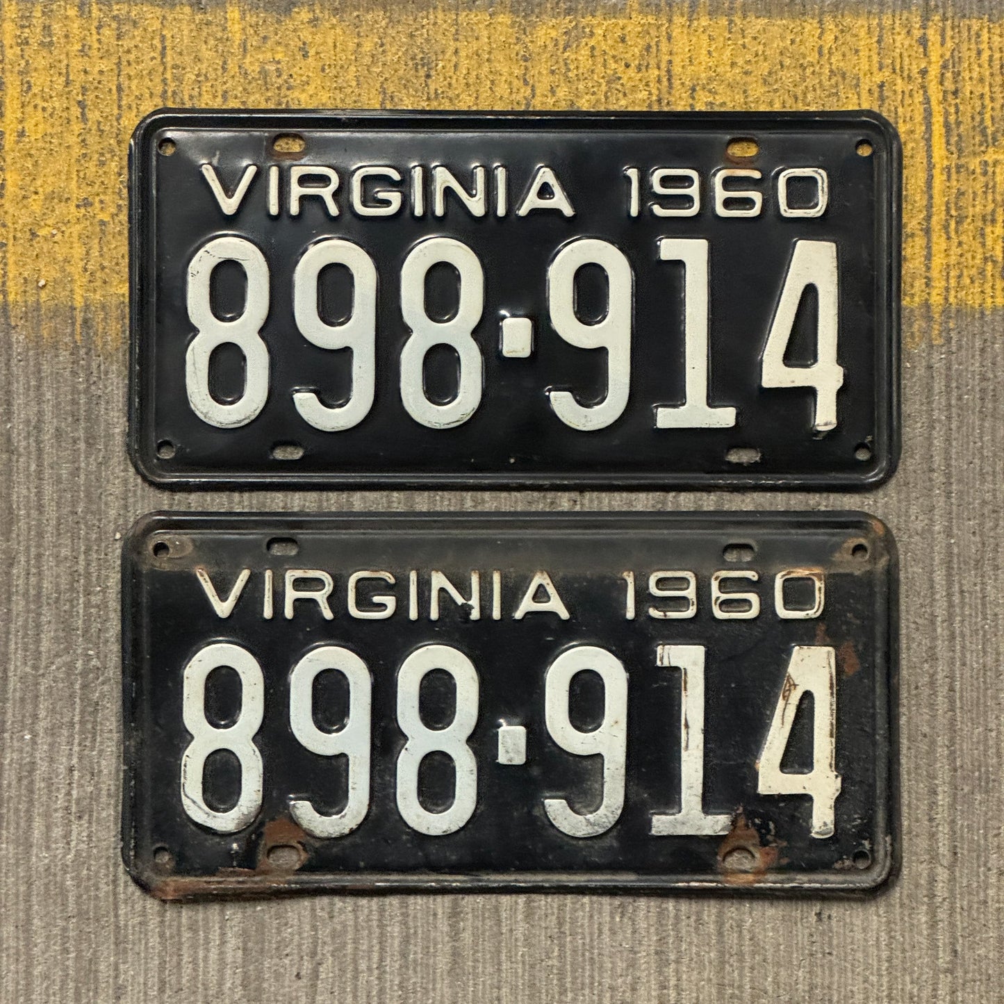 Photo of a 1960 Virginia License Plate Pair Auto Tag Garage Decor Vintage 898 914 with original patina